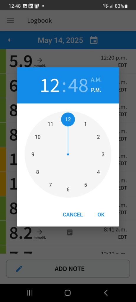 Adding a note through the logbook selecting time.
