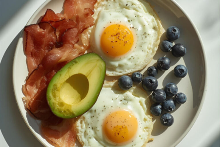 Healthy breakfast plate with fried eggs, avocado, crispy bacon, and fresh blueberries.