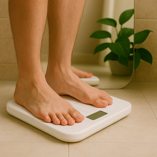 Person standing barefoot on a digital bathroom scale on a tiled floor.
